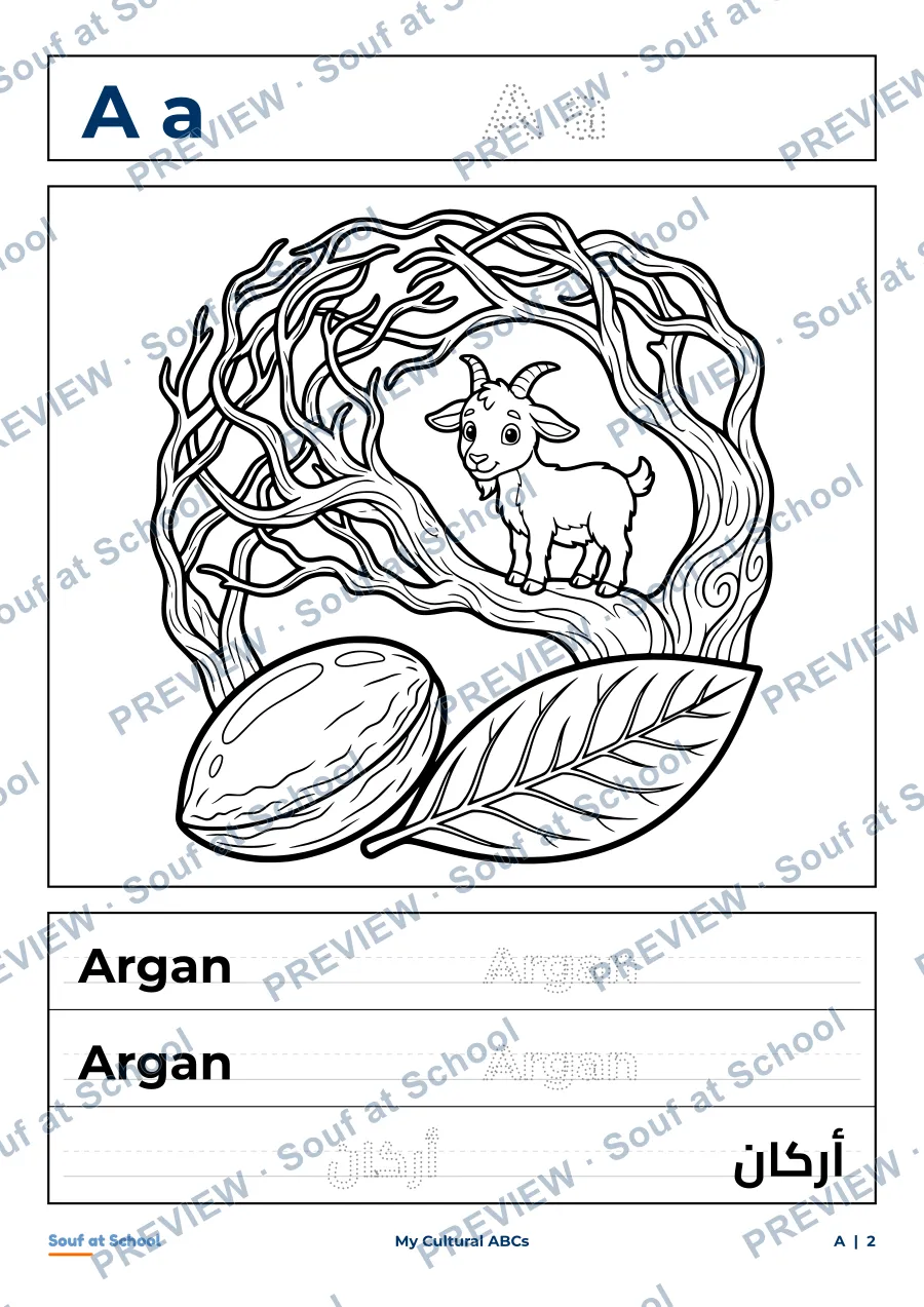 Watermarked activity page for the letter A and the argan tree, with English, French, and Arabic writing practice