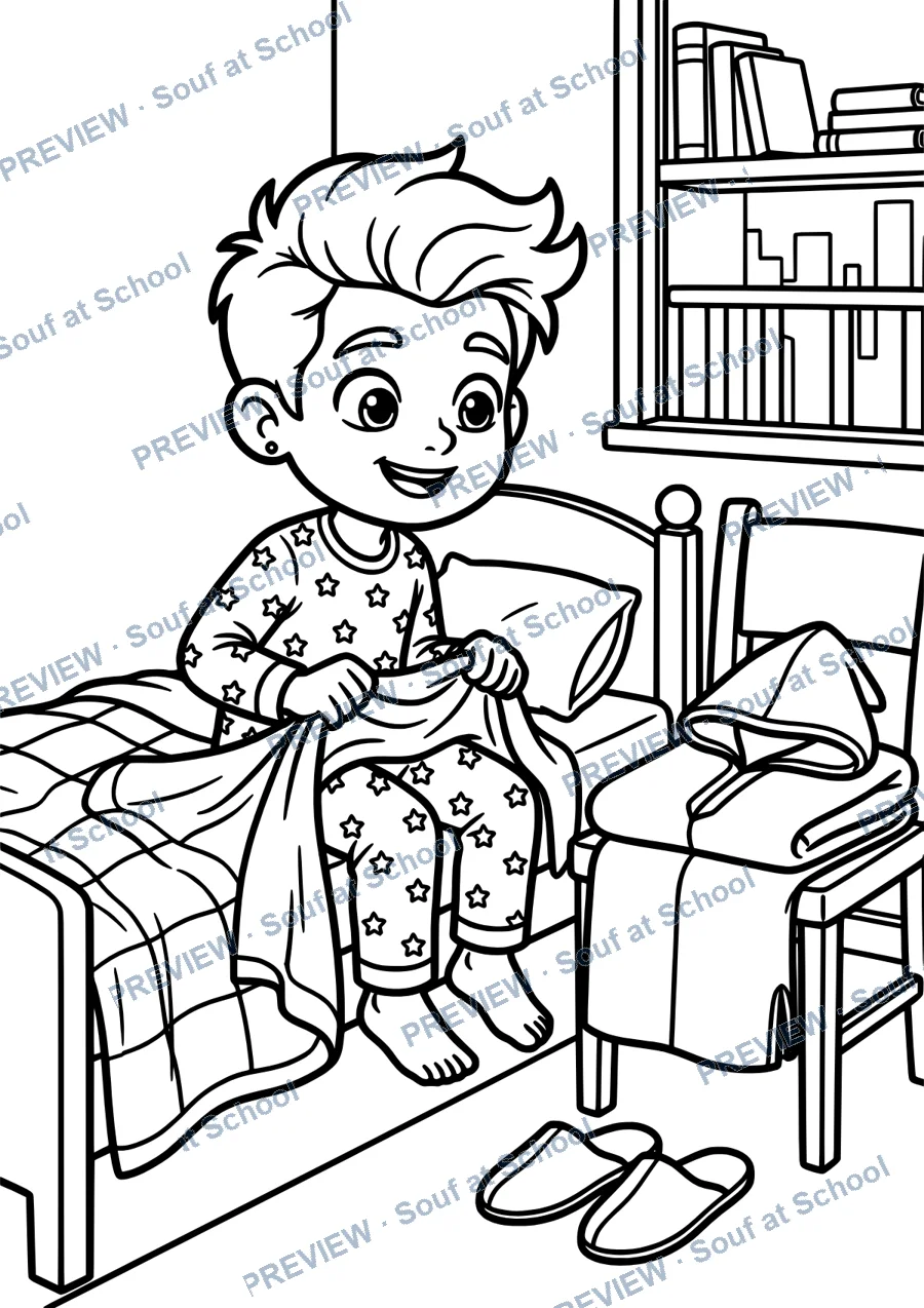 Watermarked coloring illustration of Souf waking up